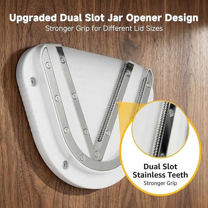 Upgraded Under Cabinet Jar Opener: Easy for Weak Hands & Seniors with Arthritis, One-Hand Jar & Can Opener - Dual Slot Design Opens Stubborn Jar & Bottle Lids - Stainless Steel Teeth - Kitchen Helper