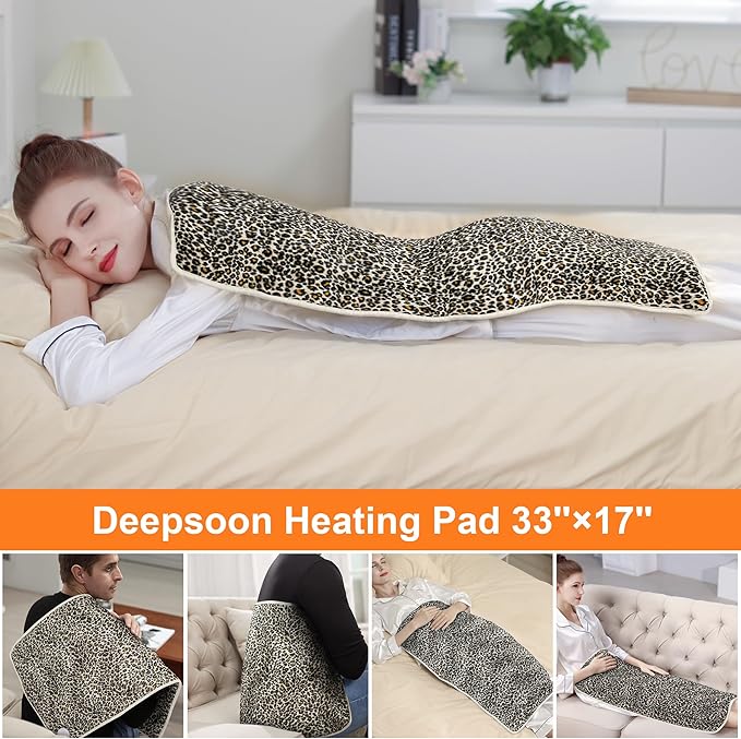 Deepsoon Heating Pad,Electric Heating Pads for Back,Neck,Moist Heating Pad for Abdomen Shoulder Knee Legs,Dry/Moist Heat&Auto Shut Off,Mother's Day Birthday for Men and Women,Leopard Print,33x17 Inch
