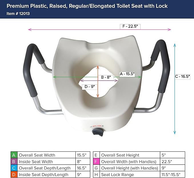 Drive Medical Premium Plastic Raised Toilet Seat with Lock and Padded Armrests, Elongated, Pack of 1