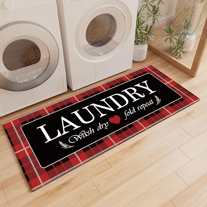 XLHOMO Laundry Room Rug Runner, 17"x47" Buffalo Plaid Non Slip Red Laundry Rugs, Farmhouse Washable Floor Laundry Mats for Laundry Room, Mudroom, Kitchen, Washroom, Bathroom, Entryway Rugs Decor