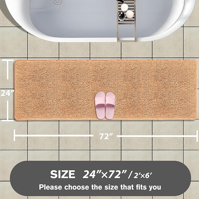 Bathroom Runner Rug 24 x 72 Non Slip – Extra Long Bath Mat | Absorbent and Washable Thick Chenille Runner Rug for Bathroom, Shower, Tub, Sink(Peach)