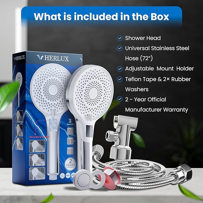 High Pressure Shower Head with Stainless Hose & Adjustable Bracket - 3-mode Handheld ShowerHead- Removable & Adjustable Overhead Spray,(Shower Head+hose+holder, Chrome)
