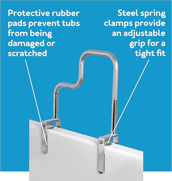 Carex Tri-Grip Bathtub Handle Grab Bar with Chrome Finish, Bathtub Grab Bar for Seniors and Handicap, Detachable Toilet Safety Frame with Handles for Assistance in Getting In and Out of Tub