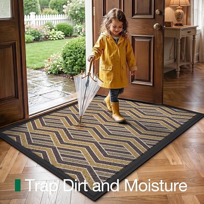 LUMI Front Door Mat 24x36, Low-Profile Non-Slip Welcome Mat for Indoor Outdoor, Stain & Fade Resistant Geometric Door Mat for Entryway Patio Porch, Zig-Amber