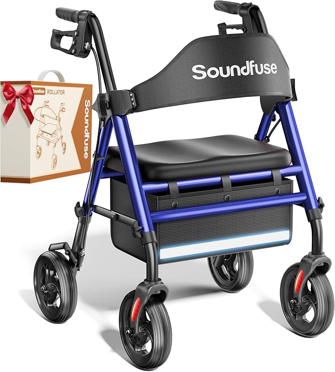 SOUNDFUSE Walkers for Seniors, Rollator Walker with Seat, 8" All Terrain Wheels, Double Support Bar, 16" Ergonomic Arc Seat and Comfortable Backrest, Dual Height Adjustable and Foldable Design