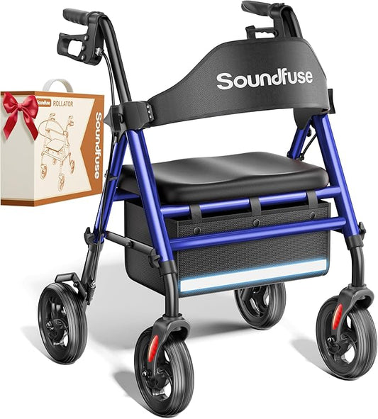 SOUNDFUSE Walkers for Seniors, Rollator Walker with Seat, 8" All Terrain Wheels, Double Support Bar, 16" Ergonomic Arc Seat and Comfortable Backrest, Dual Height Adjustable and Foldable Design