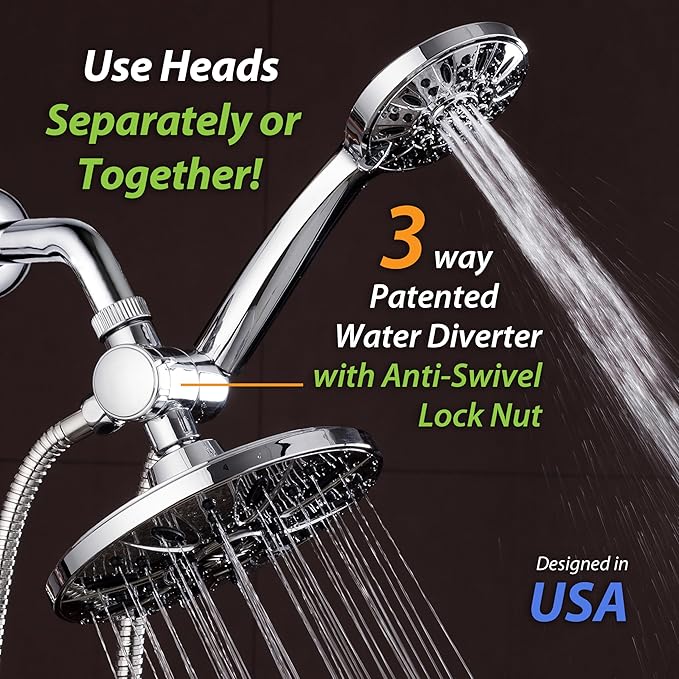 AquaDance for California - 7" Premium High Pressure 3-Way Rainfall Combo for Best of Both Worlds - Enjoy Luxury 6-Setting Rain Showerhead and Hand Held Shower Separately or Together - Chrome Finish