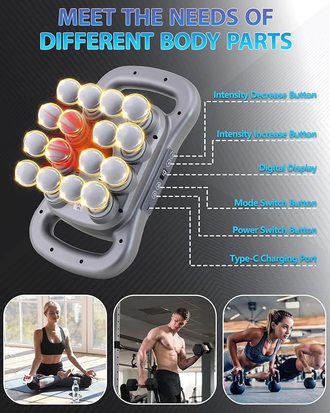 UFFAE 16-Head Massage Gun, Deep Tissue Percussion Massager with 9 Modes & 9 Intensities, 2600mAh Battery Back Bassager for Pain Relief Deep Tissue for Muscle Pain Relief in Back, Legs, Shoulders