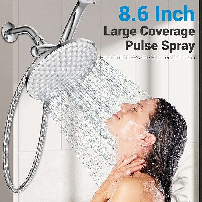 dual shower head with handheld combo,8.6 inch Rainfall showerhead,6 settings hand held shower heads with hose (Chrome)