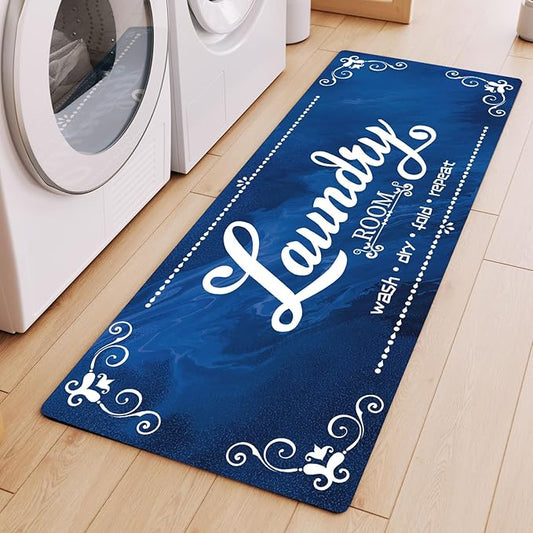 XLHOMO Laundry Room Rug Runner Non Slip, 17.7"x45" Navy Blue Laundry Mat Farmhouse Washable, Laundry Rugs for Laundry Room Floor, Mudroom, Kitchen, Washroom, Bathroom, Hallway, Entryway Carpet Decor