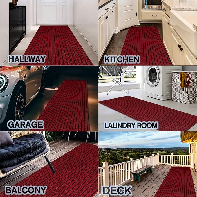 Custom Size Backed Non-Slip Area Rugs Runner, Easy Clean, Waterproof Runner Rugs for Hallway Entryway, Kitchen, Laundry, 3FT x 46FT, Red Stripe