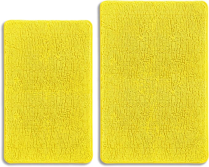 Yellow Bathroom Rugs Sets 2 Piece – Absorbent and Washable Bath Mat, Non-Slip, Thick Soft Chenille Bath Rugs for Bathroom Floor, Shower, Sink - 20" x 32"+24" x 36"