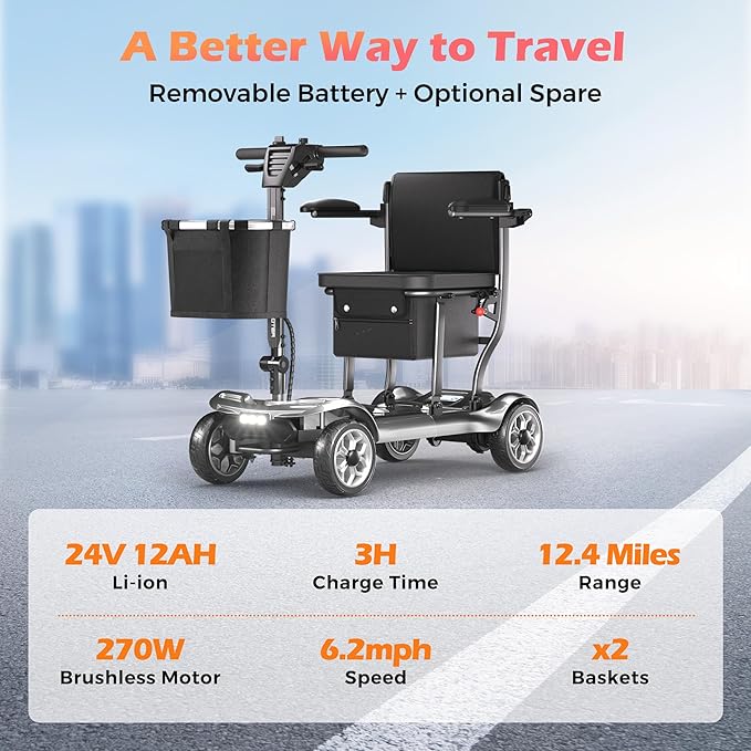 Lightweight Mobility Scooter for Adults & Seniors - Cruise & Airport Approved, 43lb Foldable Portable Motorized Scooters with Removable Lithium Battery for 12.4 Miles Travel, 300lb Capacity, Silver