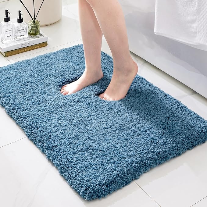 Bathroom Rugs Non Slip Washable 32x20, Ultra Thick Soft Microfiber Absorbent Bath Mats, High Density Foam Latex Non Slip Backing Bath Rugs, Fluffy Floor Carpet for Tub&Shower, Blue