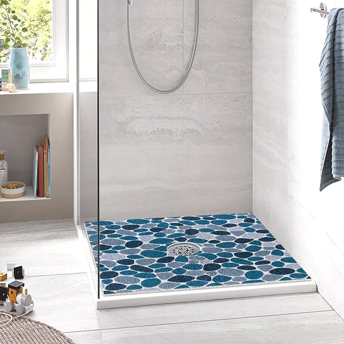 Square Shower Mat Non Slip: 27 x 27 Inch Large Shower Mats with Drain Hole in Middle - PVC Loofah Anti Slip Shower Floor Matt for Inside Shower