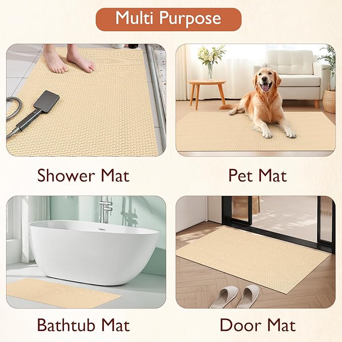Extra Large Non-Slip Shower Mat, Fast-Dry PVC Bath Stall & Tub Mat, Drain-Hole Design,for Shower Stall Tub for Elderly/Kids，Non Slip Bathroom Safety Accessory，Beige 32"x47"