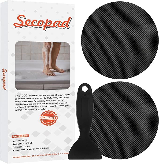 Secopad Original Bathtub Non-Slip Stickers for Tub & Shower Floor, Strong Anti-Slip Shower Stickers with Scraper Ideal for Families with Kids, Adults & Seniors, 24 PCS (Black)