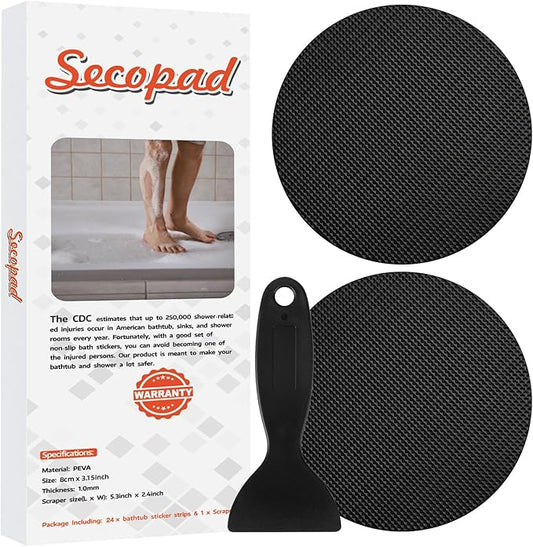 Secopad Original Bathtub Non-Slip Stickers for Tub & Shower Floor, Strong Anti-Slip Shower Stickers with Scraper Ideal for Families with Kids, Adults & Seniors, 24 PCS (Black)