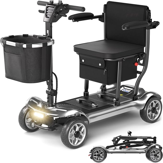 Lightweight Mobility Scooter for Adults & Seniors - Cruise & Airport Approved, 43lb Foldable Portable Motorized Scooters with Dual Lithium Batteries for 24.8 Miles Travel, 300lb Capacity, Silver