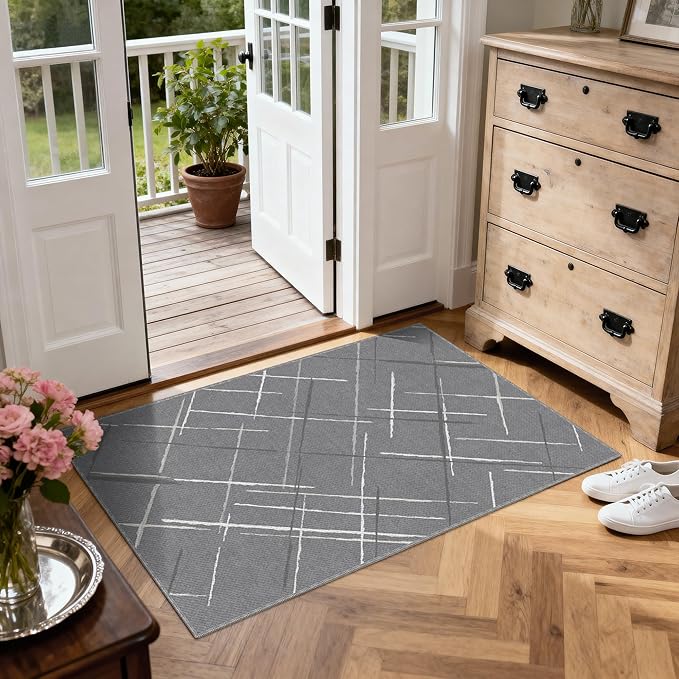 3x5 Area Rug Washable Entryway Rug Non Slip Modern Tear and Stain Resistance No Pile Lightweight Throw Rugs Carpet for Kitchen, Entrance, Foyer, Bedside, Mudroom, Gray