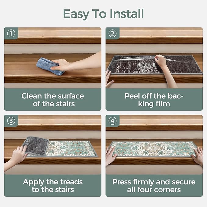Non Slip Stair Treads for Wooden Steps 15PCS - 8"x30" Indoor Safety Carpet, Edging Mats with TPE Adhesive Backing, Pet and Elderly Friendly Stair Rugs (Cyan)