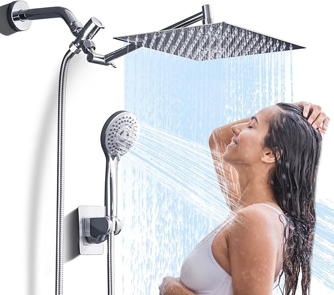 Jafeton High Pressure Rainfall Shower Head with Handheld Spray Combo – 5 Spray Modes, 10" Rain Shower, Anti-Clog Nozzles, Rust-Resistant Chrome Plating & Brass, Flexible Extension Arm