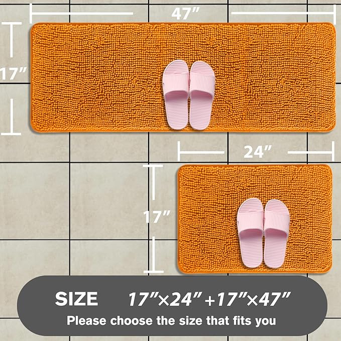 Bathroom Rugs Sets 2 Piece – Absorbent and Washable Bath Mat, Non-Slip, Thick Soft Chenille Bath Rugs for Bathroom Floor, Shower, Sink(17" x 24"+17" x 47", Flame Orange)
