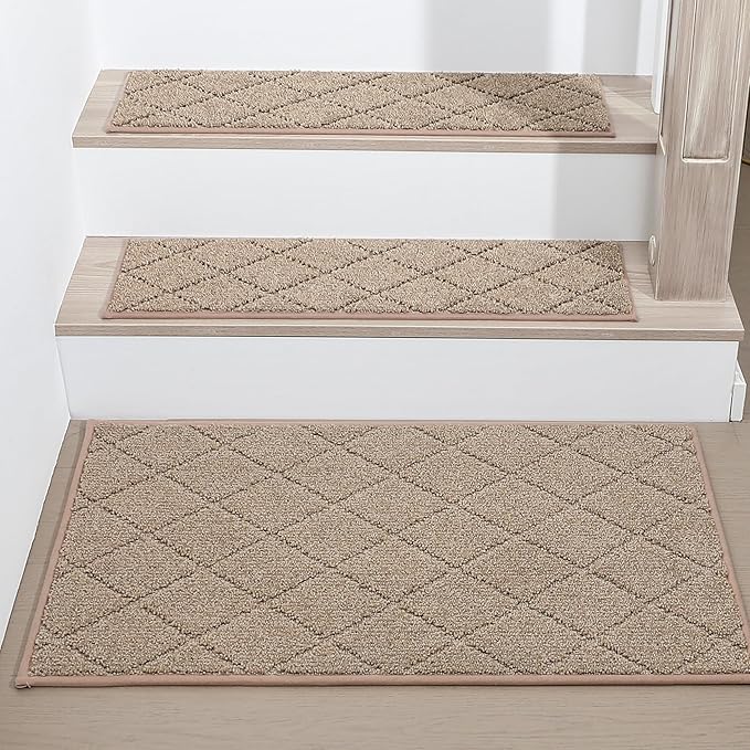 COSY HOMEER Stair Landing Rug Non-Slip 20"x32" Stair Treads for Wooden Steps,Washable Peel and Stick Stair Treads Matching Mats,Pet Friendly Soft Reusable Stair Landing Mat for Kids and Elders,Beige