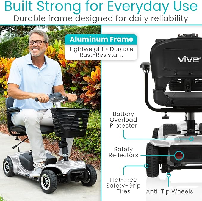 Vive 4 Wheel Mobility Scooter - Electric Powered Wheelchair Device - Compact Heavy Duty Mobile for Travel, Adults, Elderly - Long Range Power Extended Battery with Charger & Basket
