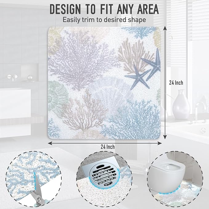 Square Shower Mat, 24 x 24 Inch Non Slip Starfish Shower Stall Mat, Quick-Dry PVC Loofah Bath Mat for Shower Tub Bathroom