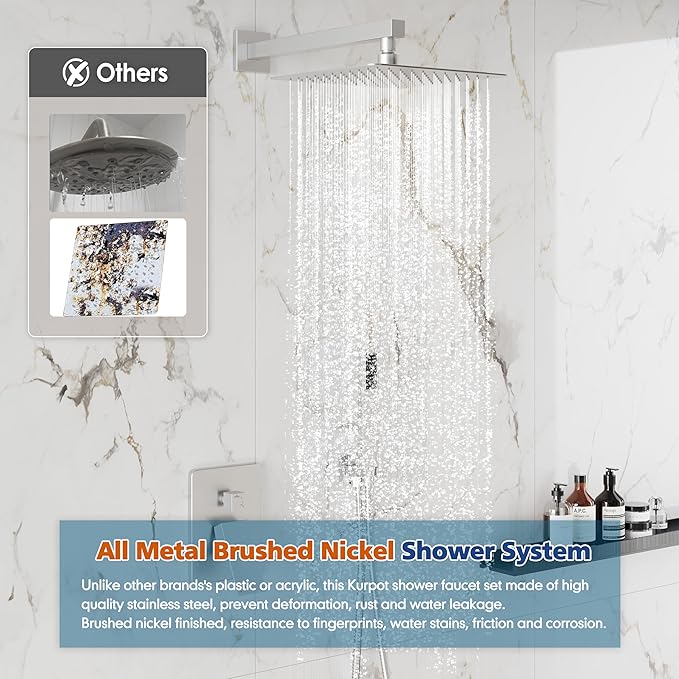 Kurpot Shower System, 10'' High Pressure Brushed Nickel Shower Head with Handheld Spray Combo, Included 59'' Shower Hose, Shower Trim Kit and 2-IN-1 Diverter, Bathroom Shower Faucet Set with Valve