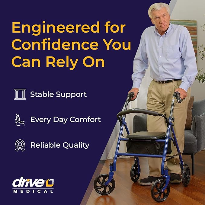 Drive Medical Rollator Walker with Seat - Stable Mobility Support - Height Adjustable - Durable Steel Frame Construction - Smooth 7.5" Wheels - Foldable - 350 Lb Limit - Blue