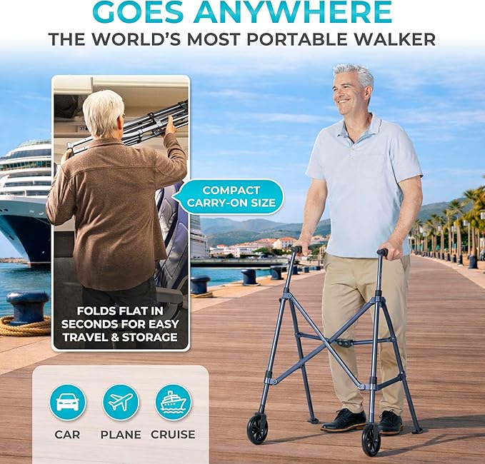 Stander Space Saver Walker, Lightweight Folding Rolling Mobility Aid for Seniors & Adults, Compact 2-Wheel Disability Device with 6-inch Wheels & Ski Glides for Walking Support, Cobalt Blue
