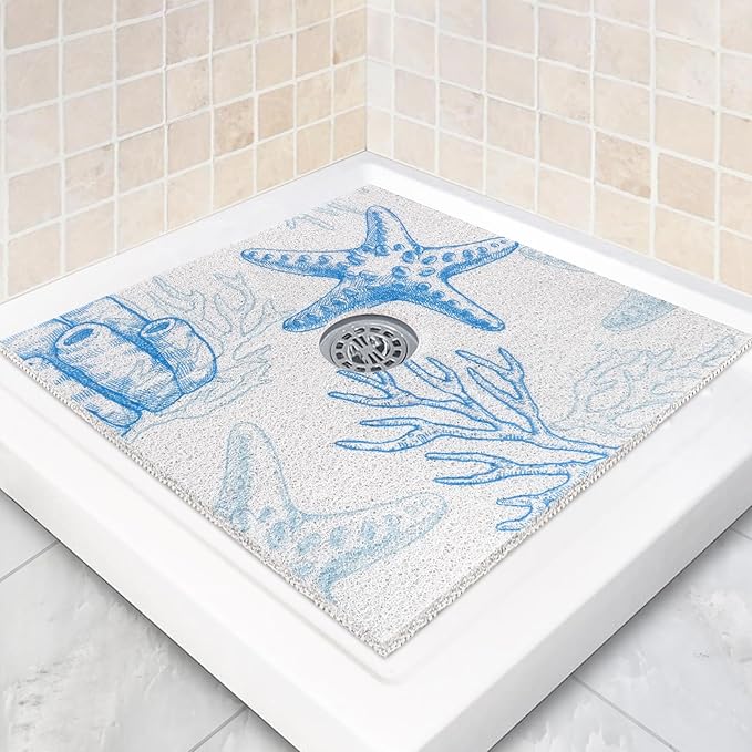 Square Shower Mat Non Slip: 32 x 32 Inch Extra Large Shower Mats with Drain Hole in Middle - PVC Loofah Anti Slip Shower Floor Matt for Inside Shower