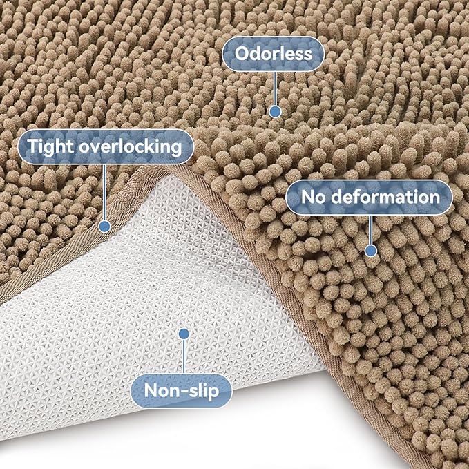 Bcoimo 30x20 Chenille Bath Mat – Non-Slip with Backing Bath Rug Ultra-Absorbent and Machine Washable Bathroom Mat Quick-Dry Design. Ideal for Bathroom Shower and Tub Areas