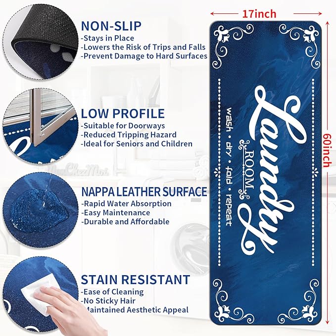 XLHOMO Laundry Room Rug Runner, 17"x60" Non Slip Navy Blue Nappa Leather Laundry Rugs, Farmhouse Washable Floor Laundry Mats for Laundry Room, Kitchen, Washroom, Bathroom, Hallway Entryway Decor