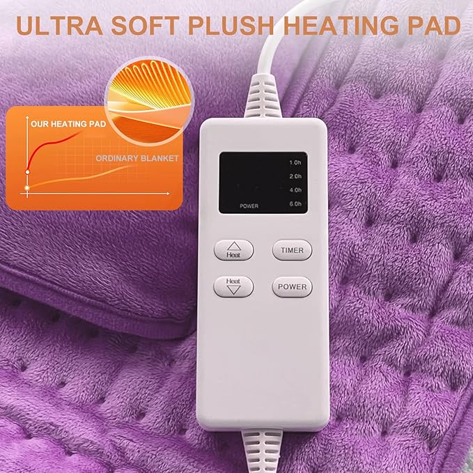 Heating Pad Back Pain Relief Electric Heating Pad for Period Cramps Lower Back Neck Shoulders Pain Relief 6-Hour Auto Off 12x24 Heated Pad + 20" Belt 4 Timer 6 Heat Level Wrap (Lilac)