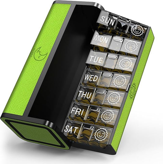 Pill Organizer 7 Day AM PM, Discreet 2 Times a Day Weekly Pill Box with Double Protection Shell, Large Capacity Portable Vitamin Case for Travel Meds & Medicine Organizer (Green)