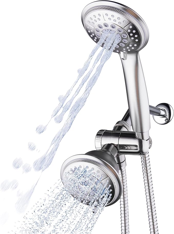 1733 Handheld Showerhead & Rain Shower Combo. High Pressure 24 Function 4" Face Dual 2 in 1 Shower Head System with Stainless Steel Hose, Patented 3-way Water Diverter in Nickel Finish