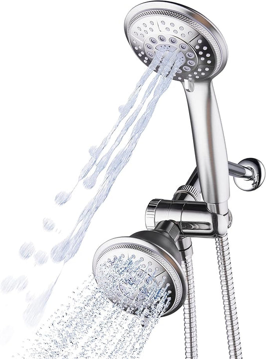 1733 Handheld Showerhead & Rain Shower Combo. High Pressure 24 Function 4" Face Dual 2 in 1 Shower Head System with Stainless Steel Hose, Patented 3-way Water Diverter in Nickel Finish