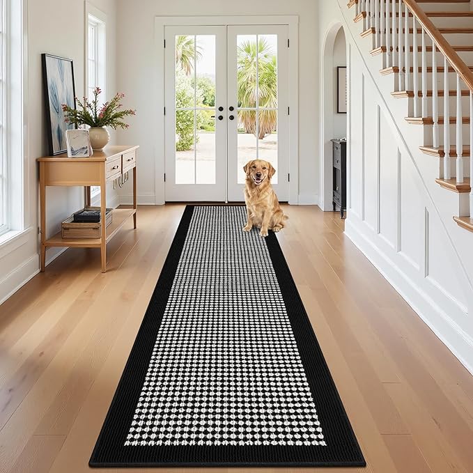 Ileading Hallway Runner Rug 2'x10' Heavy-Duty Durable Entryway Floor Mat with Non Slip Rubber Backing for Busy Traffic Extended Indoor Doormat Machine Washable Helloween Kitchen Throw Rug（Black&White）