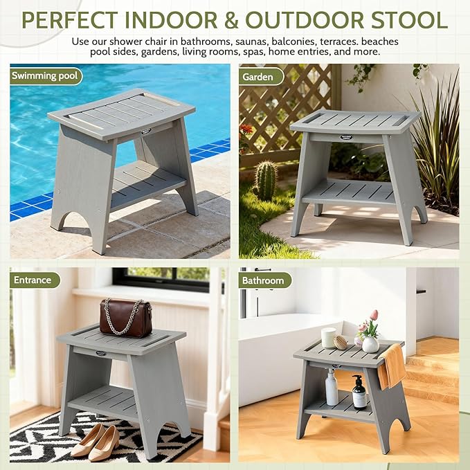 HDPS Shower Benches for Inside Shower to Sit on, Waterproof Shower Chair with Storage Shelf, Heavy Duty 500-lb Shower Seat, Shower Stool for Shaving Legs, Indoor/Outdoor Use, Grey