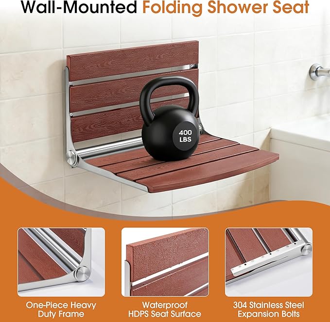 20" Folding Shower Seat, Fold Down Shower Seat Wall Mounted, Stainless Steel Frame with HDPS Seat, 400 lb Load Capacity, Folding Shower Bench for Seniors & Elderly (Red)