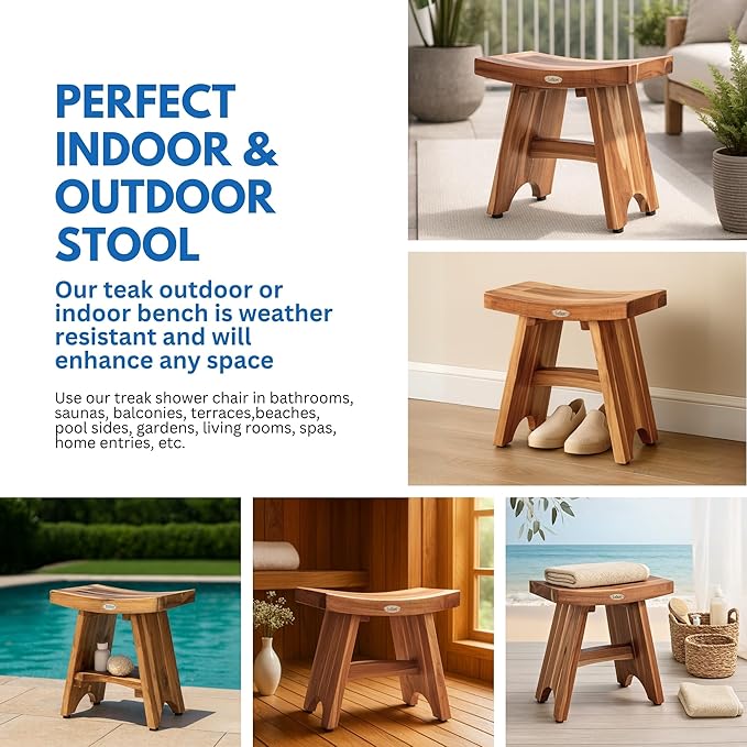 EcoDecors Teak Shower Bench 18", 300 lb Capacity – Waterproof Teak Bath Seat for Adults - Compact Spa Stool for Small Bathrooms & Walk-in Showers with Slip-Resistant Feet