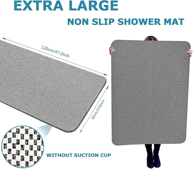 godehone Shower Mats Non Slip Without Suction Cups, PVC Loofah Bathroom Mats, Loofah Mats for Shower and Bathroom, Quick Drying, 23.6× 47.2 Inch, Grey