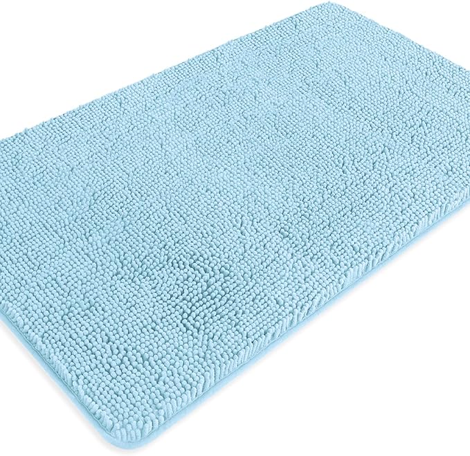 Light Blue Bathroom Rugs – Absorbent and Washable Bath Mat, Non-Slip, Thick Soft Chenille Bath Rugs for Bathroom Floor, Shower, Sink - 26" x 44"