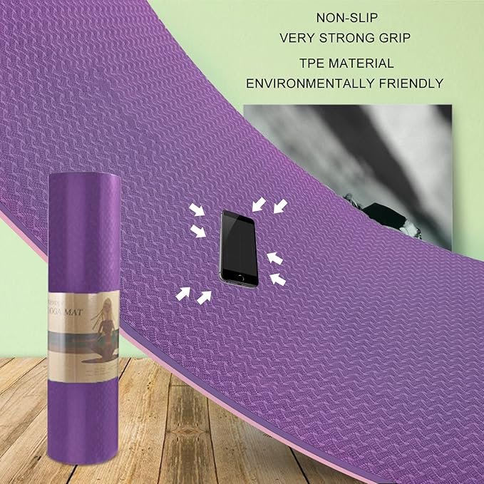 Yoga Mat 1/3" (8mm) Thick Non-Slip, Women Men Fitness & Exercise Mat, 72"Lx24"W Eco-Friendly TPE Workout Mat with Carrying Strap for Yoga, Pilates, Home Gym, Floor Exercises