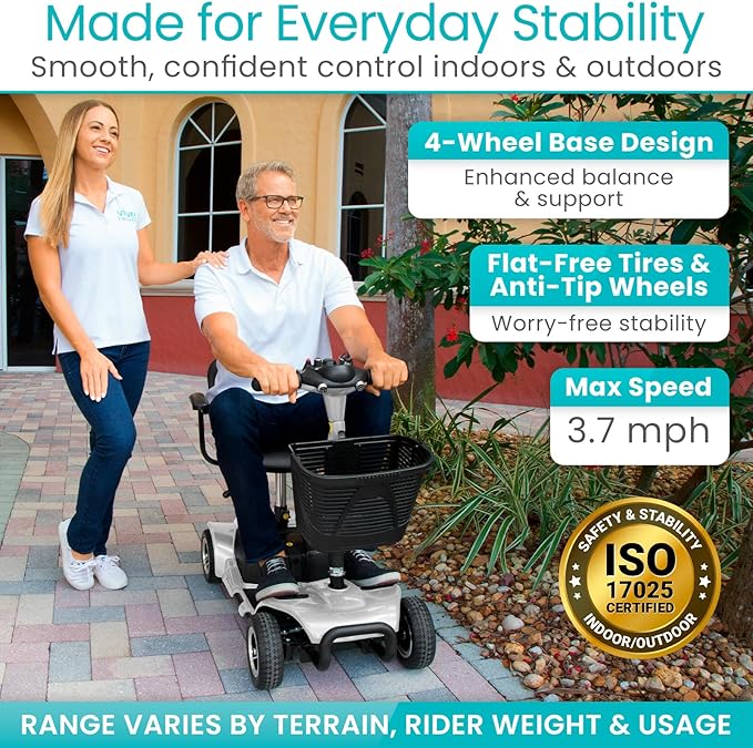 Vive 4 Wheel Mobility Scooter - Electric Powered Wheelchair Device - Compact Heavy Duty Mobile for Travel, Adults, Elderly - Long Range Power Extended Battery with Charger & Basket