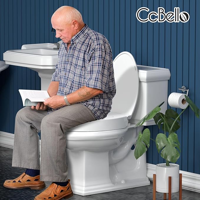 ELONGATED toilet seat risers for seniors, Slow Close, Elevated toilet seat, Heavy Duty, Never Loosen, Raised toilet seat elongated bowl, White(18.5”)