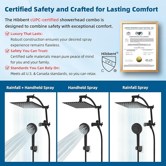Hibbent All Metal cUPC Certified Shower Head, 8'' High Pressure Rain Shower Head, Handheld Showerhead Combo with 16'' Adjustable Extension Arm, 10 Sprays, 71'' Hose, Showerhead Holder, Matte Black